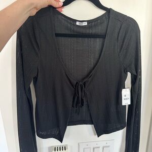 Ardene Black Ribbed Tie-Front Long-Sleeve Crop Top